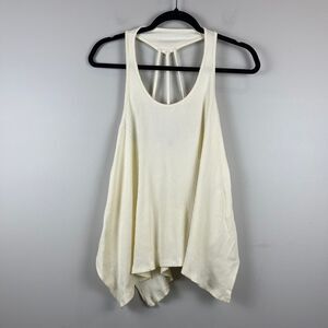 Farm Rio Tank Top Women P XS Ivory Ribbed Halter Strap Asymmetrical Beachy Flowy